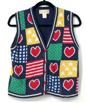 VTG ID Sport 90s Medium Patchwork Heart Knit Sweater Vest Grandmacore‎ Cottage thumbnail 1