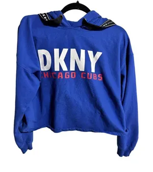 DKNY Sport Chicago Cubs Hoodie Cropped Royal‎ Blue MLB Graphic Sweatshirt L/XL thumbnail 1