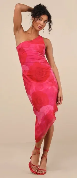 Lulus Pretty Serene Pink Floral One-Shoulder Asymmetrical Midi Dress Size XS NWT thumbnail 1