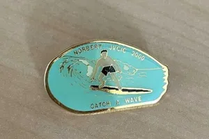 NWOT Vintage Y2K Surfer Surf Pin Norbert JVCIC 2000 Catch A Wave Blue & Gold thumbnail 4