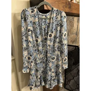 Veronica Beard 14 Riggins‎ Dress Mini Shift Blue Silk Floral V Neck Long Sleeves thumbnail 3