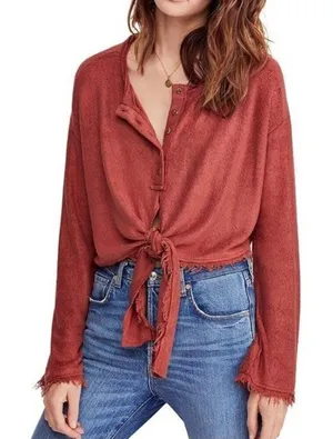 💖 Free People‎ Emma Long-Sleeved Henley in Terracotta thumbnail 1