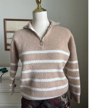 Half‎ Zip Sweater Womens Tan White Excellent Ribbed Striped Pullover thumbnail 1