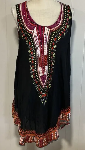 Embroidered Black Sleeveless Tunic with Pink & Red Yoke thumbnail 1