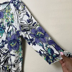 Hot Cotton Women Floral Zebra Print 3/4 Sleeve‎ Top White Purple Large Artsy thumbnail 3
