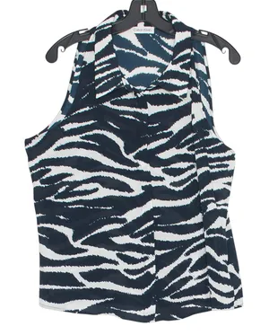 NEW Calvin Klein Top Zebra Y2K Animal Safari Coquette Button Up Blue White Large thumbnail 1