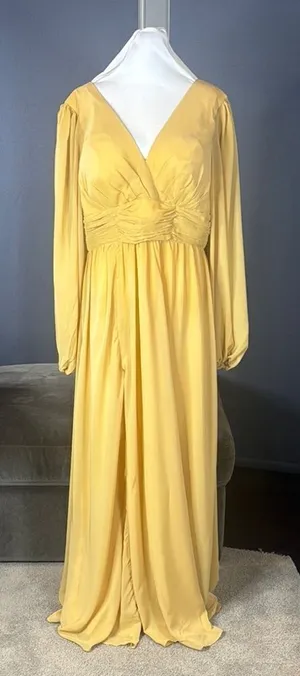 Women’s Full Length Long Sleeve Chiffon V-Neck Formal Dress Corset Back Size 16 thumbnail 1