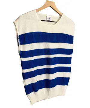 Sweater Bazaar Vintage 80s Blue & White Striped Heart Sleeveless Sweater Tee thumbnail 4