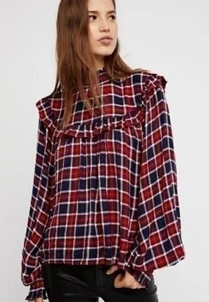 Free People Charlie Ruffle Plaid Smocked High Neck Top Holiday Red M thumbnail 1