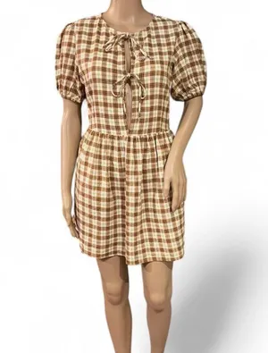 Motel Plaid Puff Sleeve Tie-Front Dress Size S Brown & Green Check Cottagecore thumbnail 1