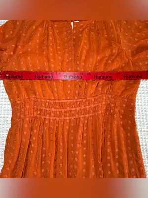 Anthropologie Fall Orange Polka V-Neck Short Sleeve Smocked Waist Short Dress L thumbnail 4