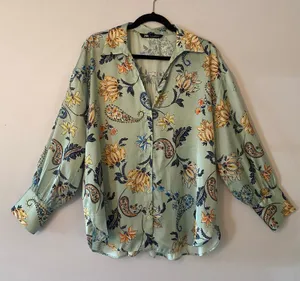 Zara Mint Green Paisley Floral Long Sleeve Button Down Shirt Boho Flowy Large thumbnail 1