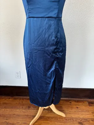 Lulu's Deep Blue Satin Square-Neck Midi Dress thumbnail 3