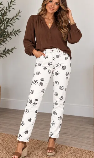 Forever 21 White Floral-Print Straight Leg Jeans thumbnail 1