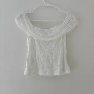 Peppermayo white lace off the shoulder crop top with textured floral embroidery thumbnail 5