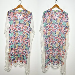 ROLLER RABBIT Swim Coverup Kaftan Womens Size XS Floral Pom Pom Boho Vacation thumbnail 2