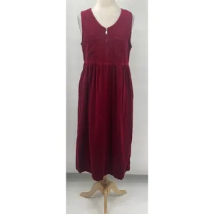 Vintage 90s Corduroy Zipper Front Cotton Maxi Dress Maroon Red Womens Large thumbnail 3