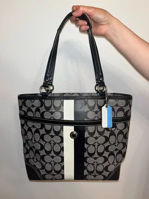 Coach Signature Stripe Tote Black Gray Canvas Leather Shoulder Bag thumbnail 1