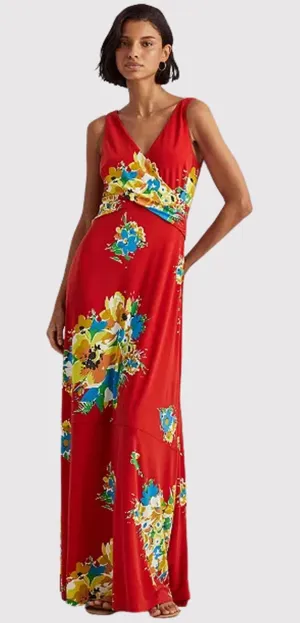 NWT LRL Ralph Lauren Womens Dress Red Floral Jersey Maxi V Neck Sundress Size 10 thumbnail 1