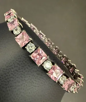 Vintage 925 Sterling Silver Princess Cut Pink CZ & Clear Round Tennis Bracelet thumbnail 1