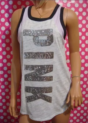 Victoria'S Secret Pink Marl Grey Bling Ribbed Neck Logo Sequin Tank S thumbnail 1