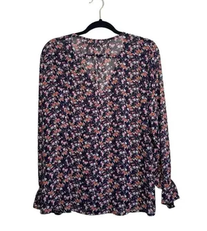 Maurices Blouse Black Pink Ditsy Floral V-neck Button Front NWT thumbnail 5
