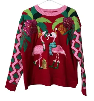 BLIZZARD BAY Women‎ Sz Medium Pink Flamingo Santa Ugly Christmas Sweater Holiday thumbnail 1