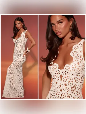 PrettyLittleThing White Flower Crochet Plunge Beach Cover Up Maxi Dress XL NWT thumbnail 3