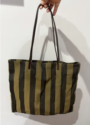 Fendi Brown Black Striped Tote Bag Brown Leather Trim Zip Gold Hardware‎ READ L thumbnail 1