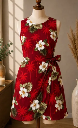 Vintage Pacific Legend Hawaiian Wrap Dress Red Floral 100% Cotton Large thumbnail 1