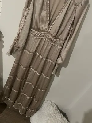CeCe Ruffle Long Sleeve Satin Maxi Dress, Champagne, V-neck, stiered ruffles. L. thumbnail 4