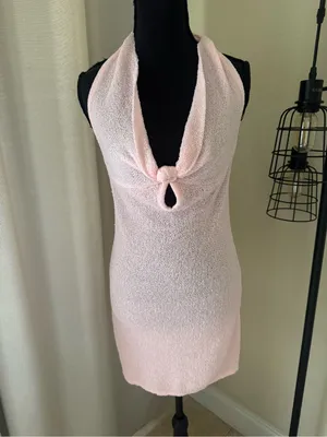 MORE TO COME Pink Halter Knit Mini Dress Open Back Keyhole Bodycon Size M thumbnail 2