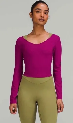 Lululemon Align V-Neck‎ Cropped Long Sleeve Top Magenta Purple Women 2 Gym Yoga thumbnail 1
