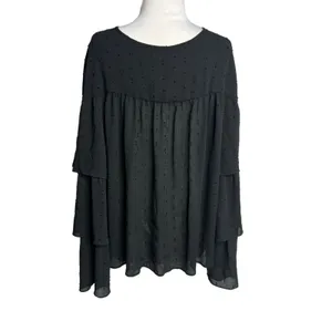 Happy x Nature‎ Swiss Dot Flowy Blouse tiered bell sleeve tassel tie black sz L thumbnail 2