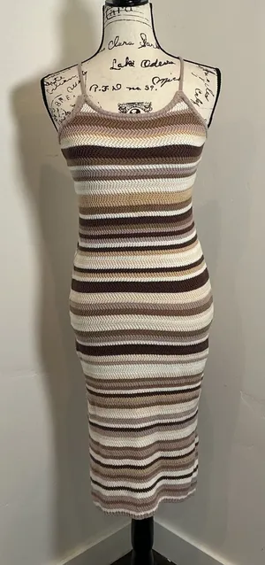 House of Harlow 1960 Striped Knit Bodycon Midi Dress Brown Tan Medium Boho Slit thumbnail 1