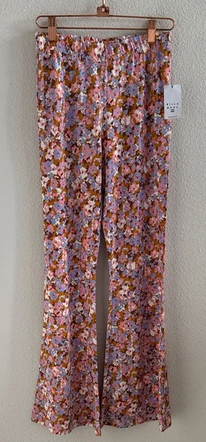 NWT Billabong Hang Loose Pant Pink Abstract Floral Flare Pants Small thumbnail 1