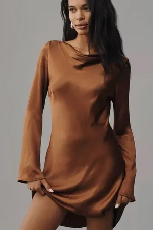Anthropologie Bronze Satin Long Sleeve Mini Dress thumbnail 1