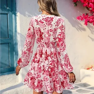 Floral V-Neck Pink & White coquette girl Long Sleeve Dress thumbnail 3
