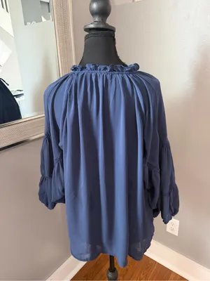 Current Air Ruffle Tie Boho Peasant Navy Sheer Fairycore Blouse Medium thumbnail 5