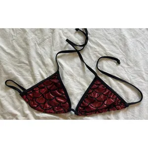 Living Dead Clothing Mermaid Bikini Top | Red Foil Triangle Goth Swimwear thumbnail 3