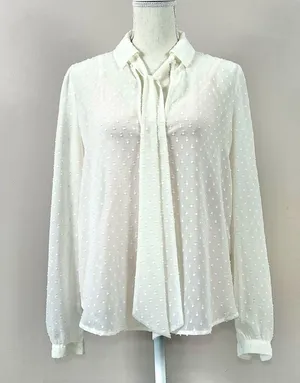 Avec Les Filles Sheer Textured Dot Tie Neck Blouse in Ivory Medium thumbnail 3