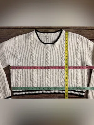 Sweet Envy NY Cream Cable-Knit Crewneck Sweater with Black Trim Size L thumbnail 3