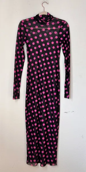 Anthropologie AFRM Black Purple Polka Dot Mesh Midi Dress Women's XS Mock Neck thumbnail 1