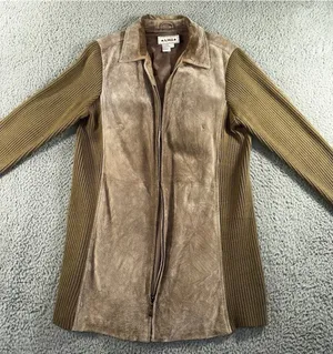 Retro Leather Knit Jacket Women L Brown Ribbed Full Zip VTG‎ Boho Mixed Media thumbnail 1