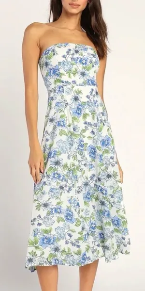 Lulus Sunday Lovin' White Floral Strapless Midi Dress Women’s Large New Blue thumbnail 1