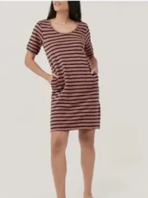 Pact Avery T-Shirt Dress Orange Harvest Navy Blue Stripe Organic Cotton thumbnail 3