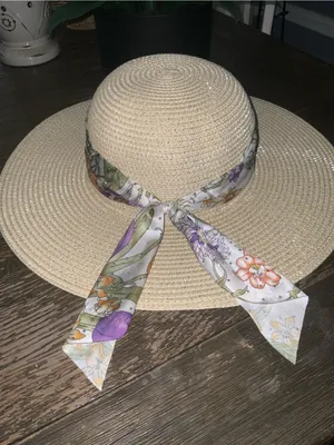 Adrienne Vittadini Beige Straw Sun Hat with Sparkly Floral Scarf thumbnail 4