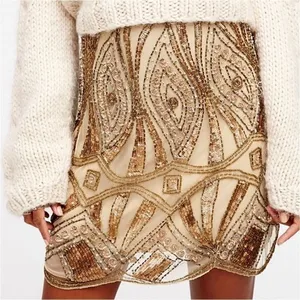 Free People Daydreaming Embellished Mini Beaded Skirt Antique Gold‎ Sz 0 thumbnail 2