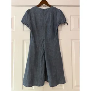 J.Crew Womens Blue Cotton Chambray Ruffle Faux Wrap V-Neck Tie Sleeve Dress 6 thumbnail 2