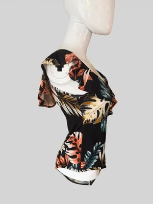 Floral Ruffle V-Neck Black Tropical Leaf Bodysuit thumbnail 3